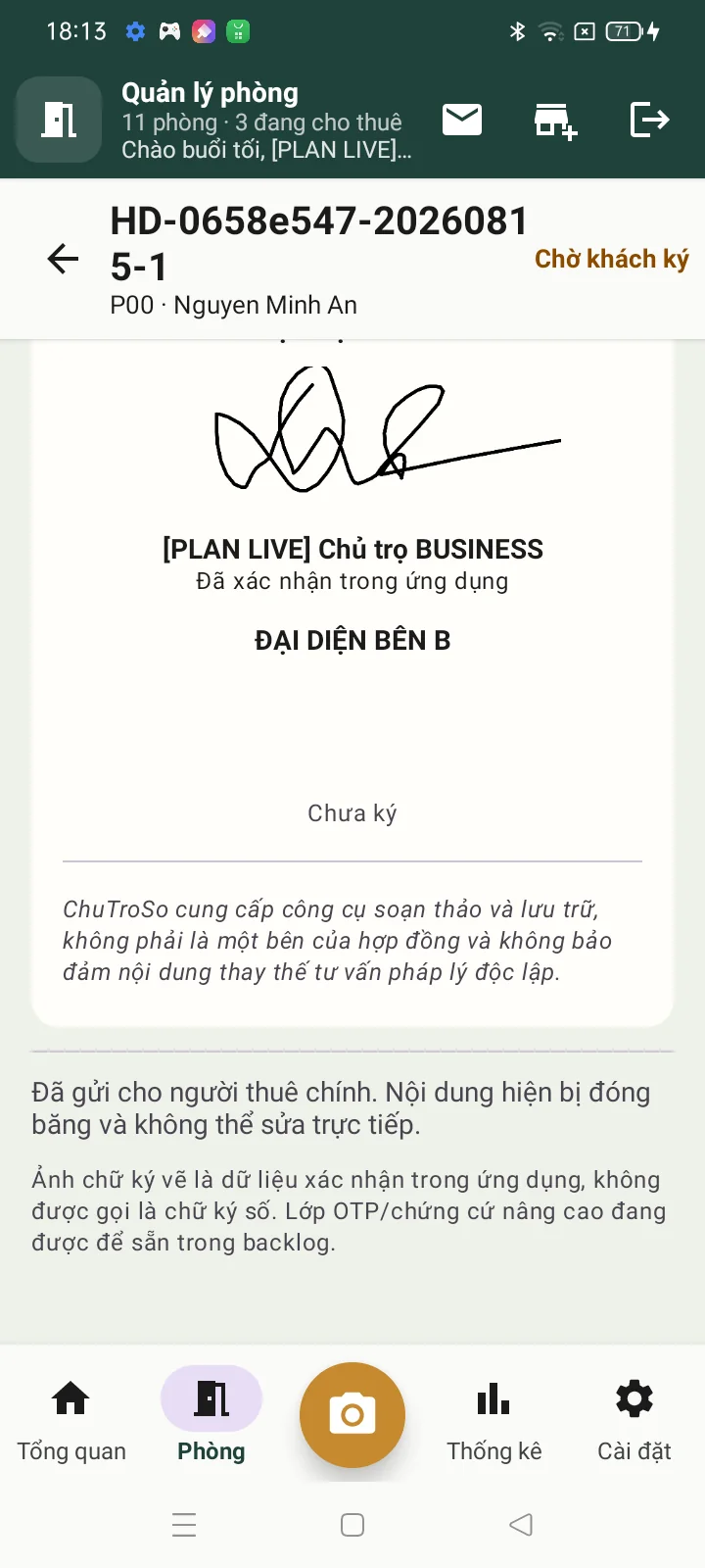 Hợp đồng có chữ ký xác nhận của Bên A và trạng thái Bên B chưa ký