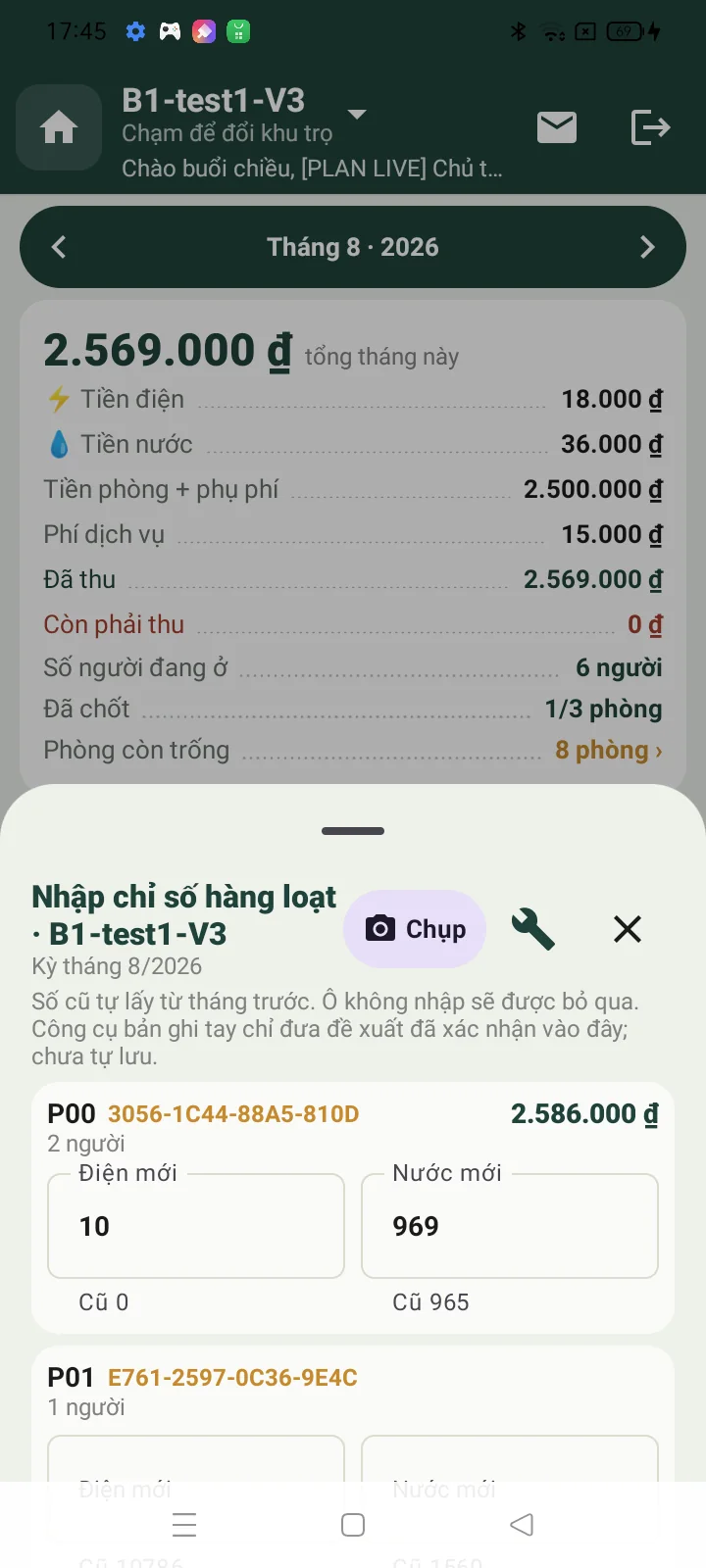 Các ô nhập điện nước hàng loạt theo phòng và kỳ