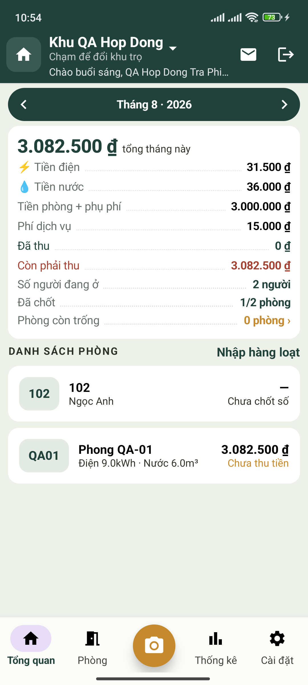 Màn hình tổng quan khu trọ trong ứng dụng Chủ Trọ Số