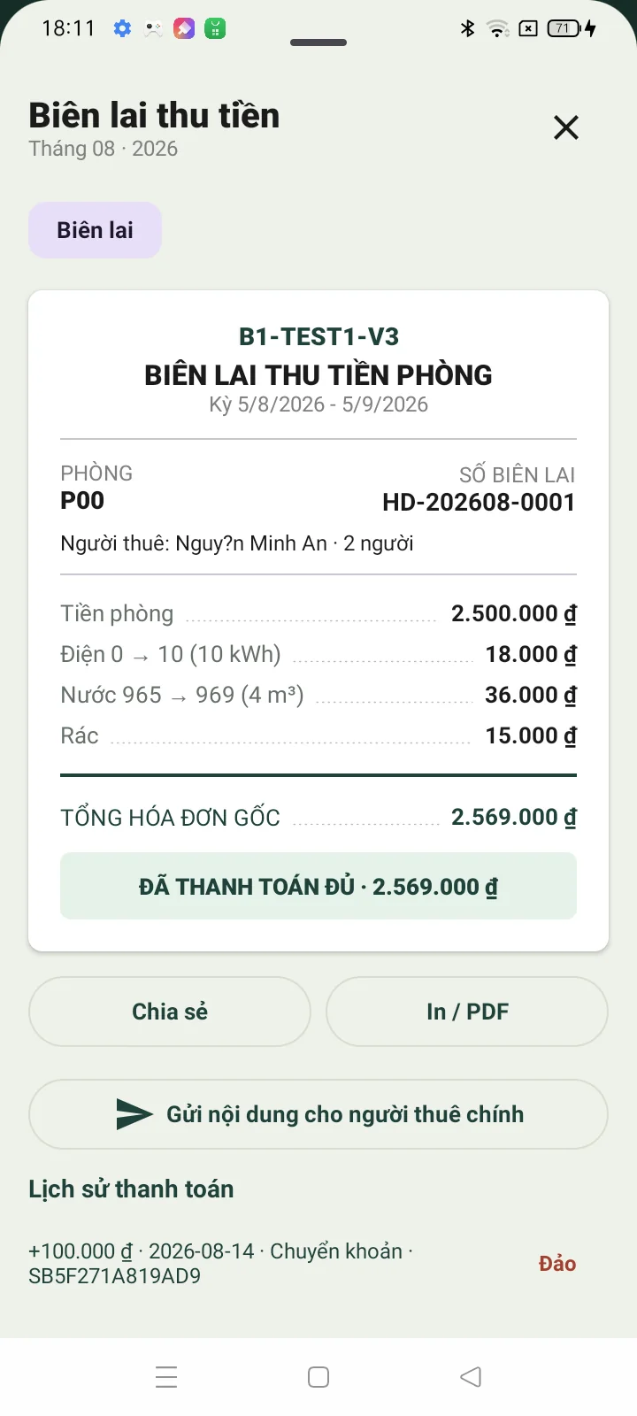 Biên lai thu tiền đã thanh toán với chi tiết từng khoản