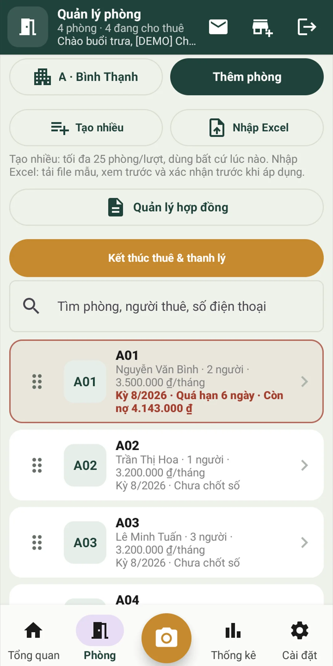 Danh sách phòng và người thuê