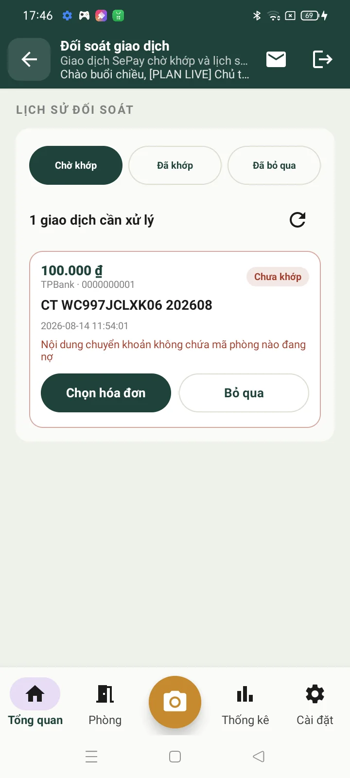 Giao dịch SePay chờ người vận hành chọn hóa đơn hoặc bỏ qua