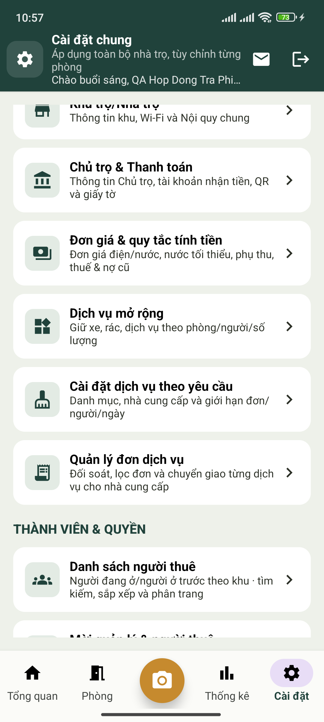 Các mục cài đặt giá, dịch vụ và quản lý đơn