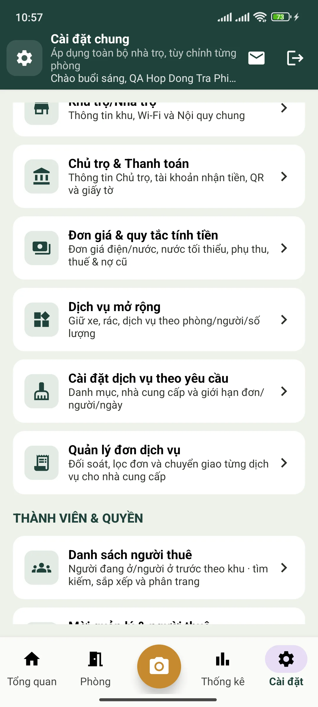 Các mục cài đặt giá, dịch vụ và quản lý đơn