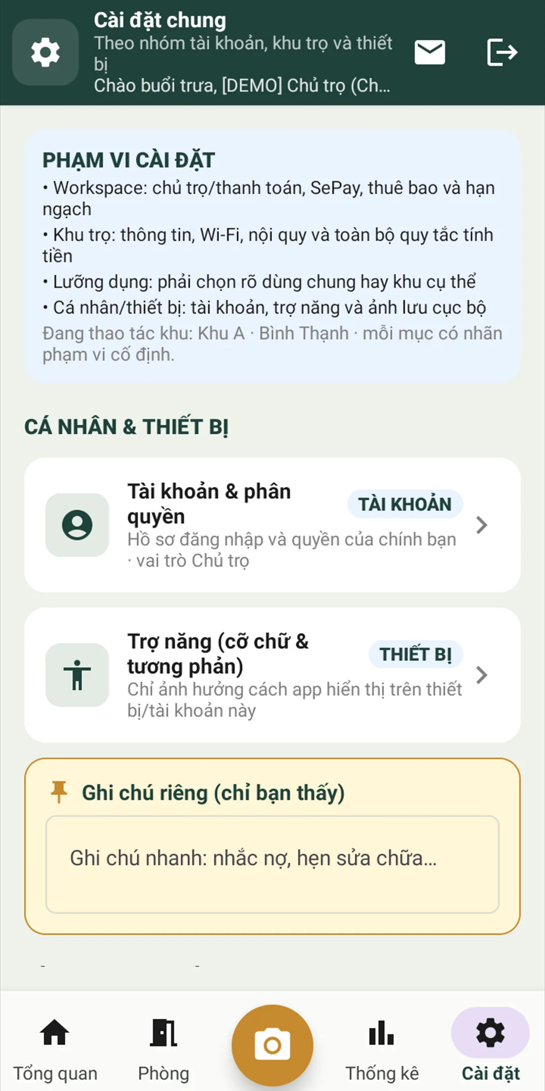 Cài đặt được chia theo phạm vi tài khoản, thiết bị và khu trọ