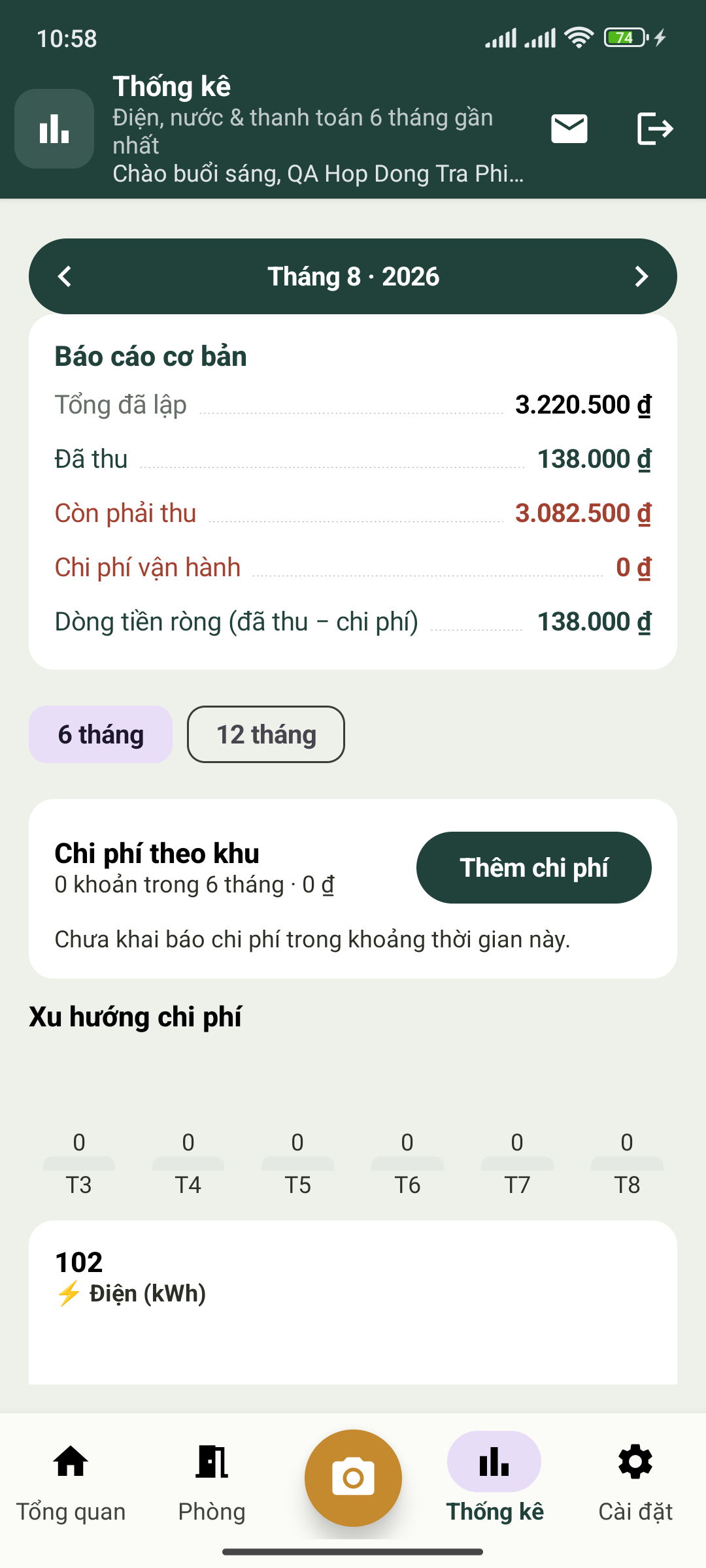 Màn hình thống kê doanh thu, công nợ và chi phí