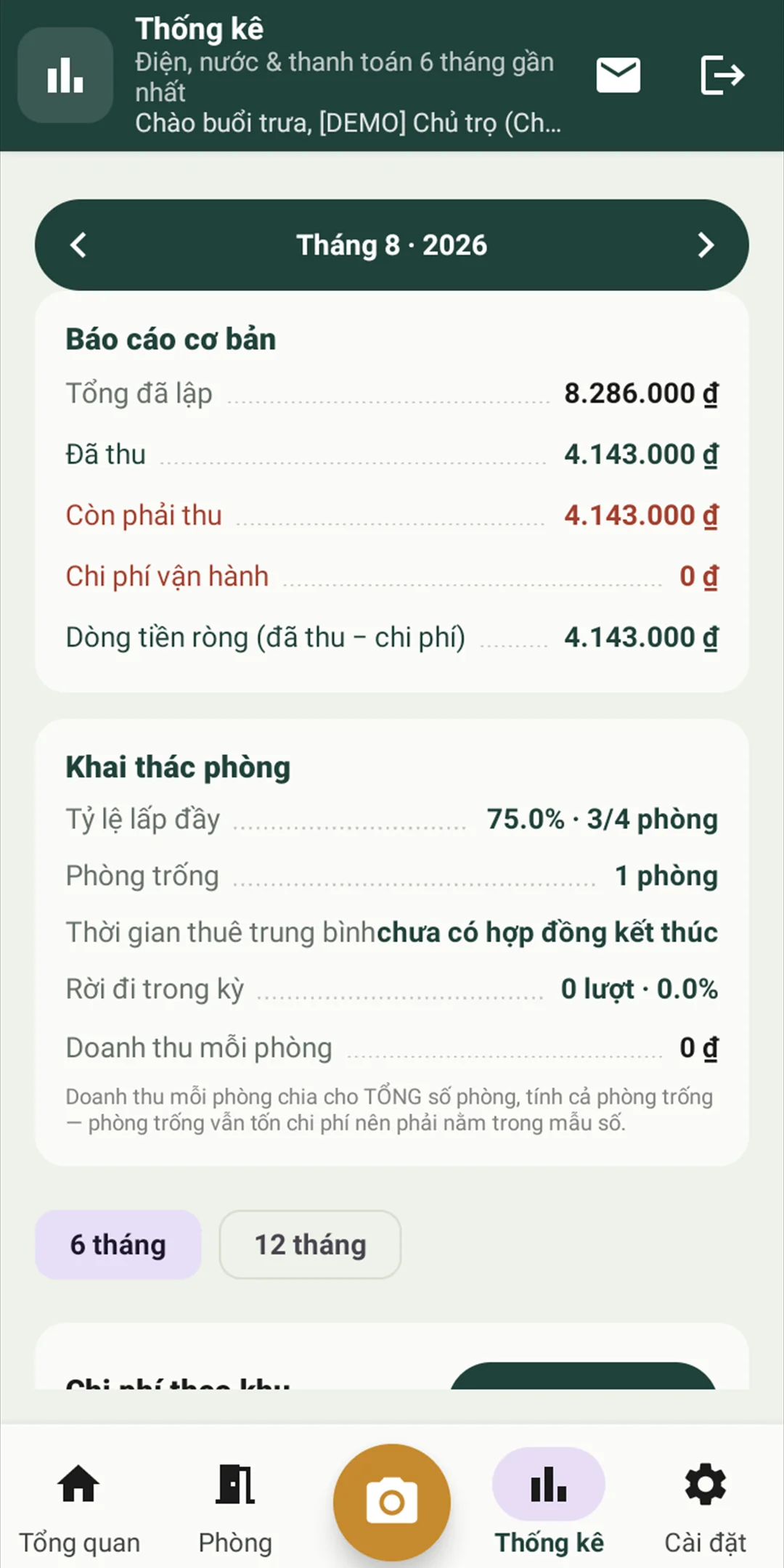 Màn hình thống kê doanh thu và công nợ trong ứng dụng Chủ Trọ Số